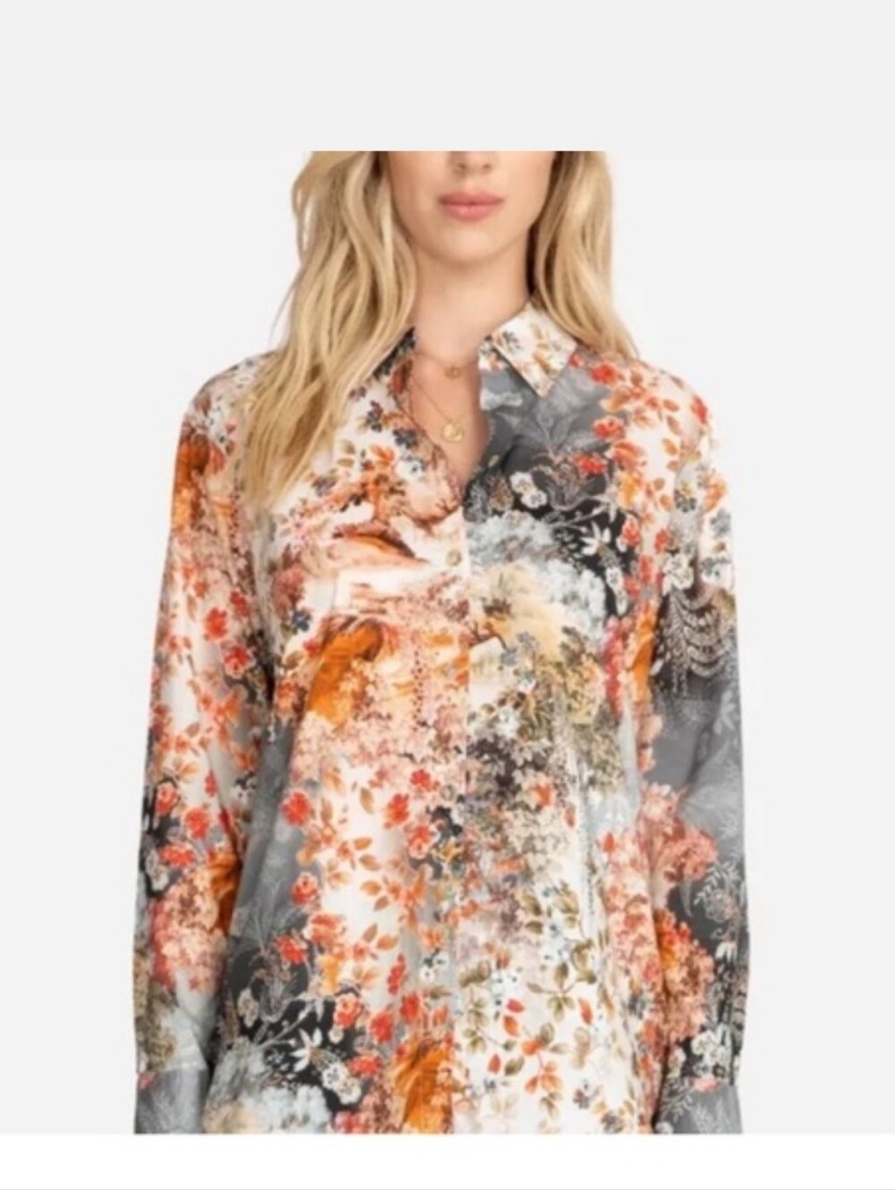 Johnny Was CALME Organic Cotton Floral Button Down Shirt
